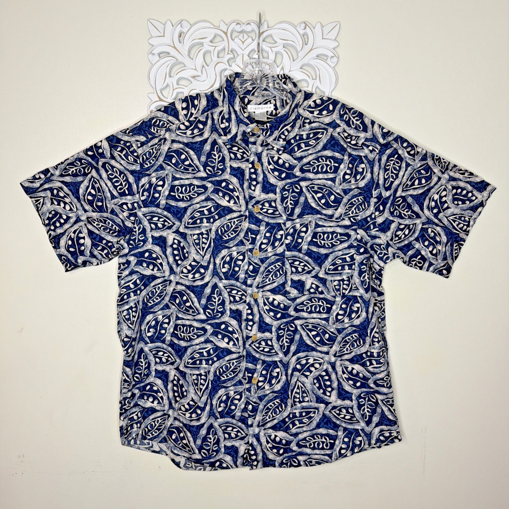 Vtg CLAIBORNE Men's LARGE Button Down Short Sleeve Hawaiian SHIRT BLUE Cream